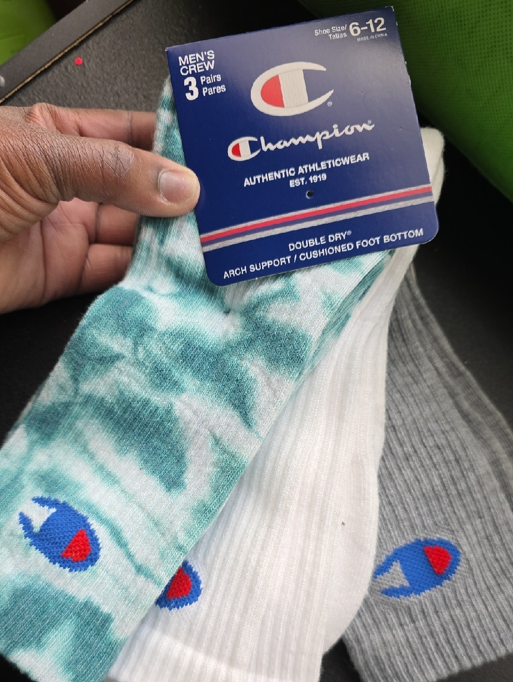 Champion 3-Pack Men's Crew Socks - Teal Tie-Dye, White & Gray